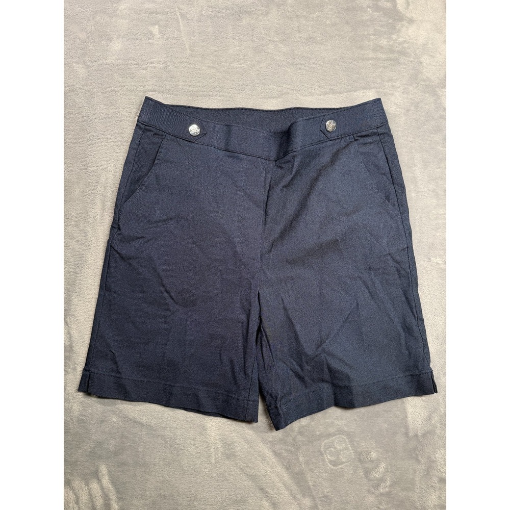 Rafaella Shorts Womens 10 Navy Stretch Silver Toned Button Mid Rise Flat Front